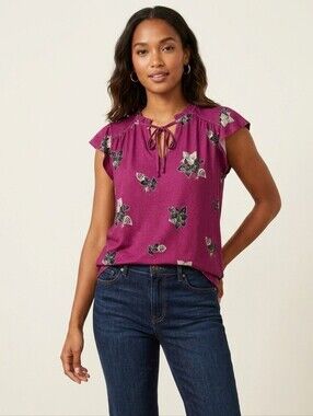 LOFT Plum Floral Cap-Sleeve Tie-Front Blouse